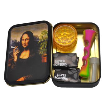 Smoking Set 1x Metal Tobacco Box+1x Silicone Tobacco Pipe+1x Plastic Herb Grinder+5 Booklet Metal Filters+1x Glass Mouth Tips